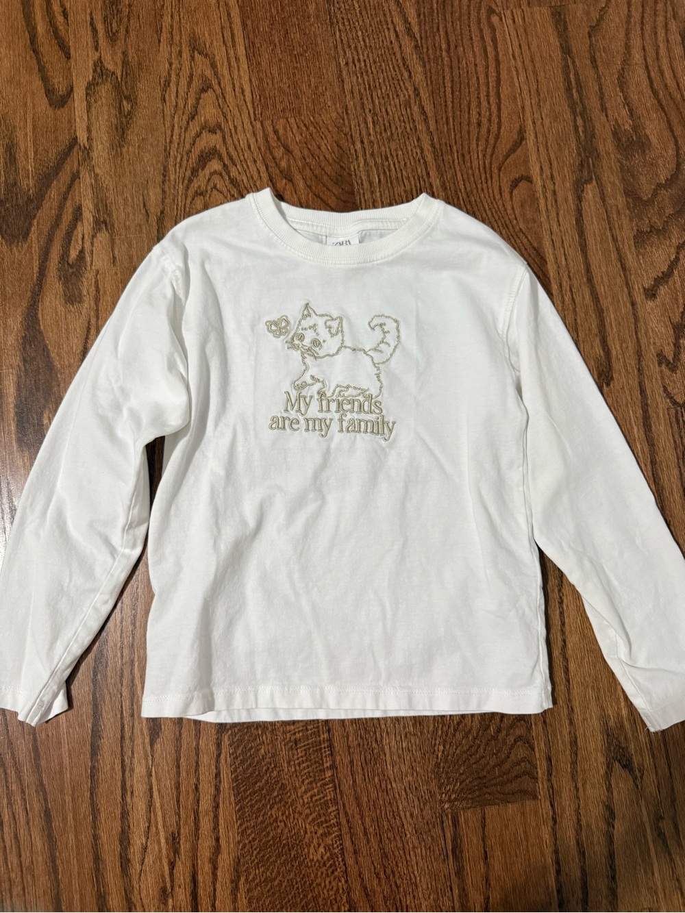 Zara White Long Sleeve Tee with Cat Embroidery